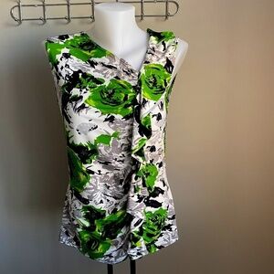 Brochure Women's Abstract‎ Off-Center V-neck Ruffled Sleeveless Satin Blouse Med